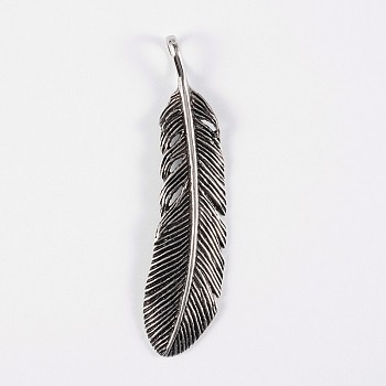 316 Surgical Stainless Steel Big Pendants, Feather, Antique Silver, 68x17x3mm, Hole: 8x5mm