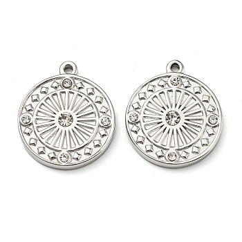 304 Stainless Steel Pendants, with Rhinestone, Flat Round, Stainless Steel Color, 18x15.5x2.5mm, Hole: 1.2mm