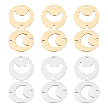 Unicraftale 12Pcs 2 Colors 201 Stainless Steel Links Connectors, Cut, Flat Round with Moon, Golden & Stainless Steel Color, 13x1mm, Hole: 1.2mm, 6pcs/color