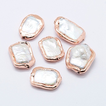 Natural Cultured Freshwater Pearl Beads, Edge Rose Gold Plated, Rectangle, Rose Gold, 18.5~24x11.5~18.5x4~9mm, Hole: 1mm