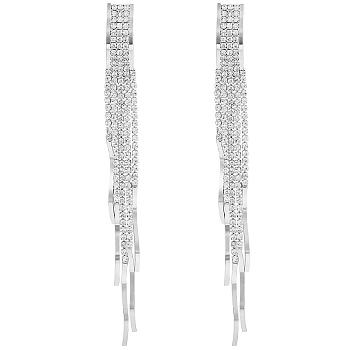 Boho Tassel Chandelier Earrings Cubic Zirconia Long Earrings Crystal Dangling Earrings Long Drop Chain Earrings Long Rhinestone Tassel Earrings for Women, Platinum, 118x10mm, Pin: 0.8mm