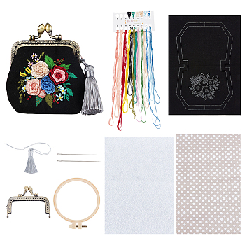 DIY Flower Pattern Change Purse 3D Embroidery Kit, including Alloy Kiss Lock Handle, Plastic Embroidery Hoops, Thread, Iron Needle, Polyester Fabric, Tassels, Specification, Mixed Color