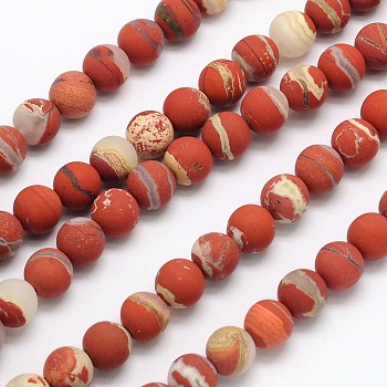 Frosted Round Natural White Lace Red Jasper Beads Strands, 6mm, Hole: 1mm, about 65pcs/strand, 15.3 inch