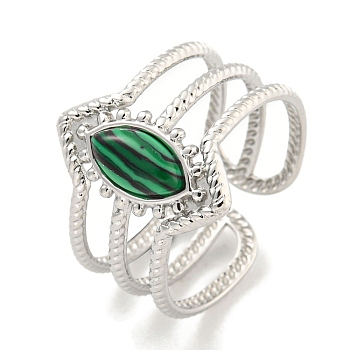 304 Stainless Steel Synthetic Malachite Cuff Rings, Horse Eye Wide Band Open Rings for Women Men, Stainless Steel Color, 15mm, Inner Diameter: Adjustable
