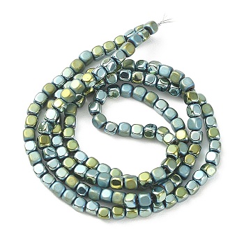 Vacuum Plating Electroplate Non-magnetic Synthetic Hematite Beads Strands, Matte Style Beads, Cube, Green Plated, 3x3x3mm, Hole: 1mm, about 142pcs/strand, 15.70''(39.88cm)