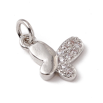 Brass Micro Pave Clear Cubic Zirconia Butterfly Charms, with Open Jump Rings, Platinum, 8x10.5x2mm, Hole: 2.7mm