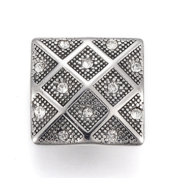 304 Stainless Steel Slide Charms/Slider Beads, For Leather Cord Bracelets Making, with Rhinestone, Square, Antique Silver, 20x20x10.5mm, Hole: 5x10mm