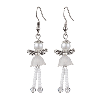 304 Stainless Steel Fairy Dangle Earrings, Glass Seed & Acrylic Pearl Long Drop Earrings, White, 55.5x14mm