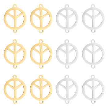 12Pcs 2 Colors 201 Stainless Steel Connector Charms, Laser Cut Links, Flat Round with Peace Sign, Golden & Stainless Steel Color, 18.5x14x1mm, Hole: 1.5mm, 6ps/color
