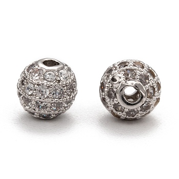 Brass Cubic Zirconia Beads, Round, Platinum, 6mm, Hole: 1.5mm