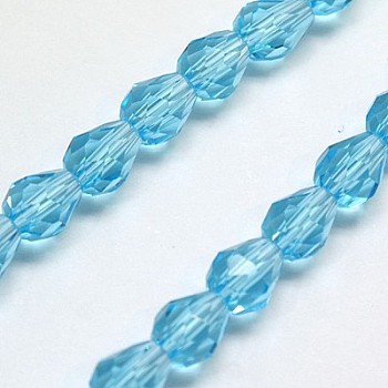 Glass Beads Strands, Faceted, Drop, Deep Sky Blue, 12x8mm, Hole: 1mm, about 56~58pcs/strand, 25~27 inch