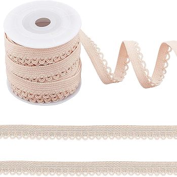 Nylon Elastic Cord, Flat with Laciness, Garment Accessories, Misty Rose, 12mm, about 10.94 Yards(10m)/Roll