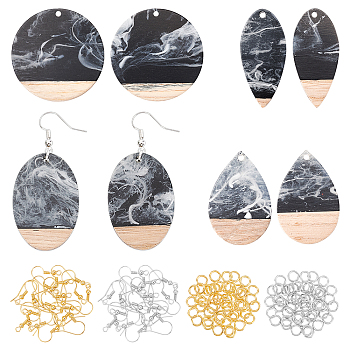 DIY Earring Making Kit, Including Opaque Resin & Walnut Wood Pendants, Two Tone, Brass Earring Hooks and Open Jump Rings, Mixed Color, Pendants: 36.5~38.5x18~38.5x3~3.5mm, Hole: 2mm, 8pcs/box