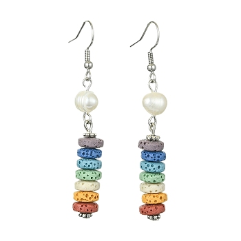 Natural Pearl & Dyed Lava Rock Disc Beaded Dangle Earrings, Colorful, 61x8mm