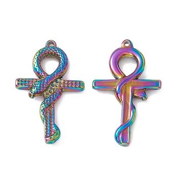Ion Plating(IP)  304 Stainless Steel Pendants, Cross with Snake Charms, Rainbow Color, 34x21x4mm, Hole: 1.6mm