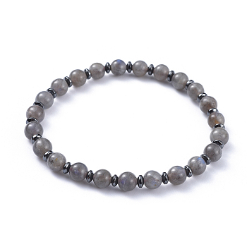 Natural Labradorite Stretch Bracelets, with Non-Magnetic Synthetic Hematite Spacer Beads, 2-1/4 inch(5.7cm)