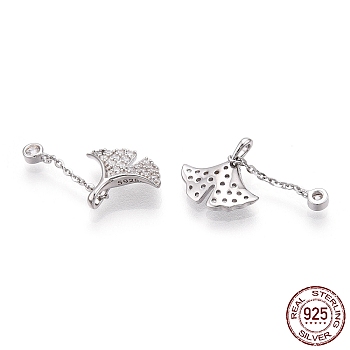 Rhodium Plated 925 Sterling Silver Micro Pave Cubic Zirconia Charms, Ginkgo Leaf, Nickel Free, Real Platinum Plated, 16~17mm, Hole: 1.5mm