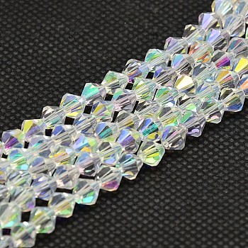 Imitate Austrian Crystal Electroplate Bicone Glass Bead Strands, AB Color Plated, Grade AA, Faceted, AB Color Plated, 5x5mm, Hole: 1mm, about 59pcs/strand, 11.8 inch