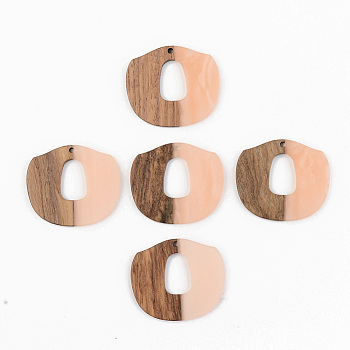 Opaque Resin & Walnut Wood Pendants, Light Salmon, 33x38x3mm, Hole: 2mm