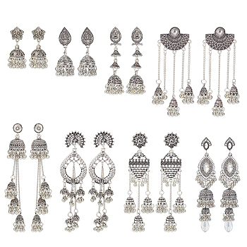 8 Pairs 8 Style Zinc Alloy Dangle Stud Earrings for Women, Antique Silver, 43~115mm, Pin: 0.6~1mm, 1 pair/style