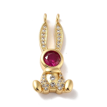 Rack Plating Brass Micro Pave Cubic Zirconia Pendants, Cadmium Free & Lead Free, Real 18K Gold Plated, Rabbit, Medium Violet Red, 24.5x11x4mm, Hole: 1.2mm