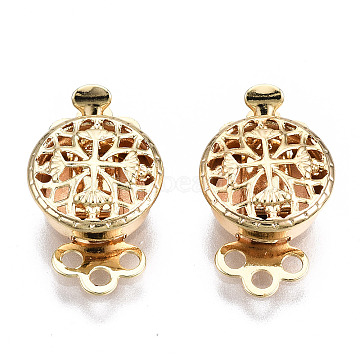 Brass Box Clasps, 3-Strand, 6-Hole, Nickel Free, Flat Round, Real 18K Gold Plated, 14.5x9x4.5mm, Hole: 1.2mm(X-KK-S356-313-NF)