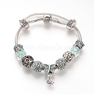 European Bracelets, with Tibetan Style Alloy Rhinestone Beads, Resin Beads, Brass Chains and Safety Chains, Antique Silver, Butterfly, Aquamarine, 7-5/8 inches(195mm)(BJEW-S124-16B)