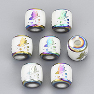 Electroplate Glass Beads, Column with Butterfly Pattern, Multi-color Plated, 11.5x11.5mm, Hole: 2.5mm(EGLA-S178-13H)