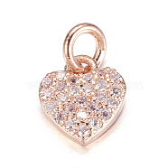 Brass Micro Pave Cubic Zirconia Charms, Heart, Rose Gold, 9x8x2mm, Hole: 3mm(X-ZIRC-P060-41RG)