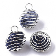 Iron Wrap-around Spiral Bead Cage Pendants, with Natural Sodalite Beads inside, Round, Platinum, 21x24~26mm, Hole: 5mm(IFIN-R239-06P)