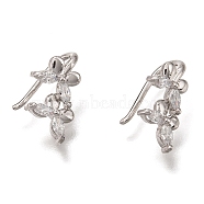 Brass Cuff Earrings, with Clear Cubic Zirconia Long-Lasting Plated, Butterfly, Platinum, 12.5x7.5x2.5mm(ZIRC-Z015-01P)