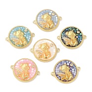 Epoxy Resin & Shell Connector Charms, Rack Plating Brass Pave Clear Cubic Zirconia Flat Round Links, 18K Gold Plated, Mixed Color, Long-lasting Plated, Cadmium Free & Lead Free, Angel & Fairy, 22x18x4mm, Hole: 1.2mm(KK-K380-11B-G)