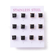 6 Pairs Tiny Cubic Zirconia Square Stud Earrings, 304 Stainless Steel Jewelry for Women, Mixed Color, Black, 8x8mm, Pin: 0.7mm(EJEW-G291-01A-M)