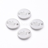 Brass Charms, Long-Lasting Plated, Oval with Word Smile, Platinum, 11x9x1mm, Hole: 1.4mm(KK-G397-06P)