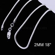 Brass Round Snake Chain Necklaces, with Lobster Claw Clasps, Silver Color Plated, 18 inch, 2mm(NJEW-BB10864-18)