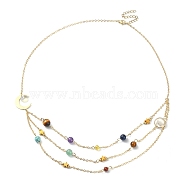 Natural & Synthetic Mixed Gemstone Beaded Triple Layered Necklaces, Brass Cable Chains Necklace for Women, 20.12 inch(51.1cm)(NJEW-TA00091)
