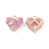 Brass Glass Heart Charms, Faceted, Pink, Real 18K Gold Plated, 14x13.5x5mm, Hole: 1.8mm(KK-E068-VC107)