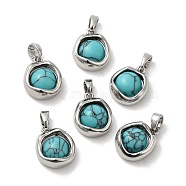 Synthetic Turquoise Brass Flat Round Charms, Real Platinum Plated, 14x11.5x6mm, Hole: 4x3mm(KK-M270-39P-02)