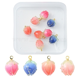 8Pcs 4 Colors Handmade Flower Bud Epoxy Resin Charms, with Brass Peg Bails and Glass Micro Beads, Golden, Mixed Color, 14~15x9~10x9~10mm, Hole: 1.2mm, 2pcs/color(KY-FS0001-07)
