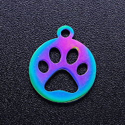 Ion Plating(IP) 304 Stainless Steel Pet Charms, Flat Round with Dog Claw, Rainbow Color, 14x12x1mm, Hole: 1.5mm(STAS-Q201-JN211)