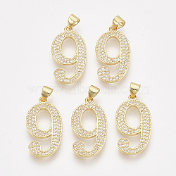 Brass Cubic Zirconia Pendants, Real 14K Gold Plated, Clear, Number, Num.8, 23x13x1.5mm, Hole: 4x3mm(ZIRC-S062-01A-9)