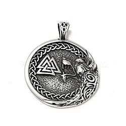 304 Stainless Steel Manual Polishing Pendants, Flat Round with Valknut Pattern Charms, Antique Silver, 48x39x8mm, Hole: 5x7.5mm(STAS-G280-08AS)