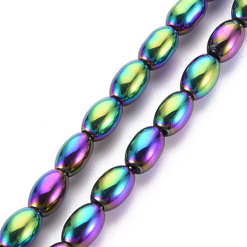 Electroplate Opaque Glass Beads Strands, Oval, Purple Plated, 6.5x4.5mm, Hole: 1mm, about 60~65pcs/strand, 15.16~15.94 inch(38.5cm~40.5cm)