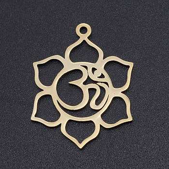 201 Stainless Steel Pendants, Laser Cut Pendants, Flower with Aum/Om Symbol, Golden, 25x19.5x1mm, Hole: 1.5mm