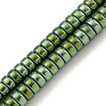Electroplated Synthetic Non-magnetic Hematite Beads Strands, Disc, Heishi Beads, Green Plated, 6x3mm, Hole: 1mm, about 135~138pcs/strand, 15.47''~15.75''(39.3~40cm)