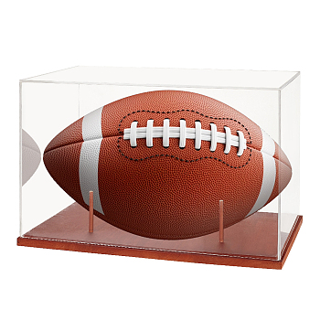 Transparent Acrylic Rugby Ball Display Case, with Wood Base, Dustproof Rugby Ball Storage Holder, Rectangle, Camel, 19x31x20cm