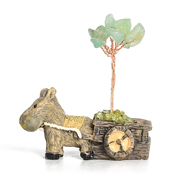 Resin Display Decorations, Reiki Energy Stone Feng Shui Ornament, with Natural Green Aventurine Tree and Copper Wire, Donkey, 59x64mm
