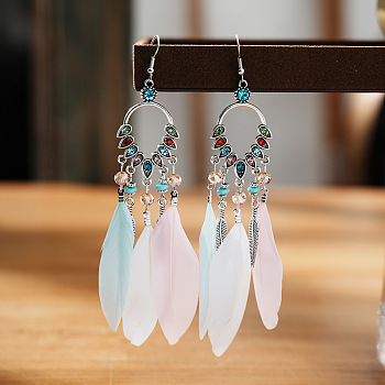 Alloy Rhinestone Teardrop Chandelier Earrings, with Feather, Antique Silver, Misty Rose, 122mm
