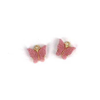 Vintage Alloy Acrylic Charm, for DIY Hoop Earing Accessories, Butterfly Shape, Golden, Pink, 14x12mm