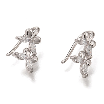 Brass Cuff Earrings, with Clear Cubic Zirconia Long-Lasting Plated, Butterfly, Platinum, 12.5x7.5x2.5mm